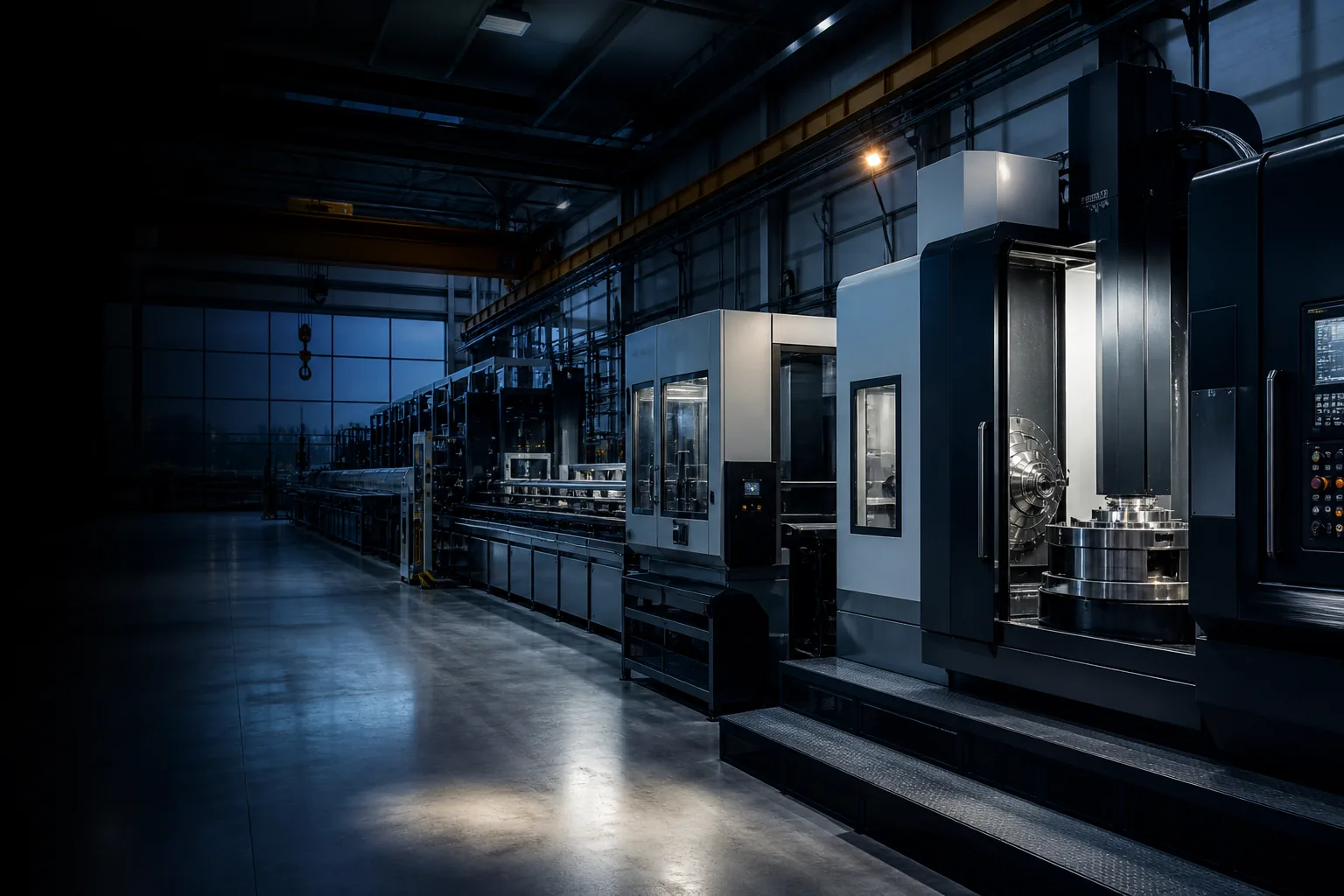 Modern CNC machining centers in a large industrial production facility