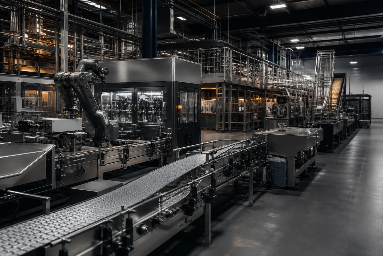 Automated packaging and processing line in a modern industrial facility